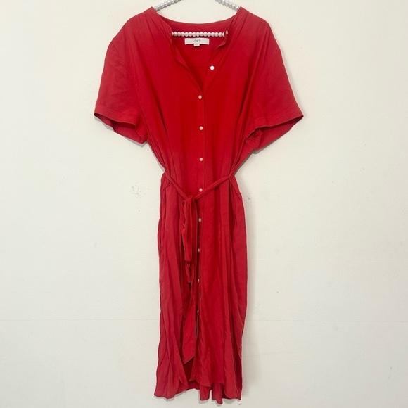 Loft Red/Orange Button Front Short Sleeve Dress w/ Waist Tie SIZE XXL - Picture 2 of 7